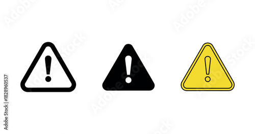 Set of three warning signs: black, white, and yellow triangle exclamation marks