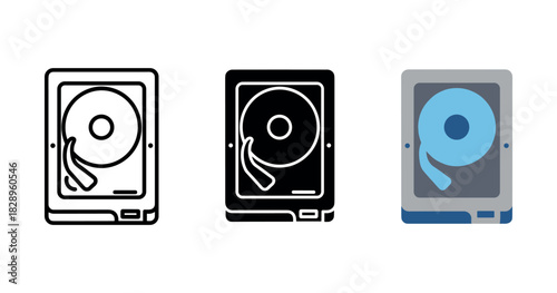 Set of three hard disk drive icons: outline, solid, and color variations