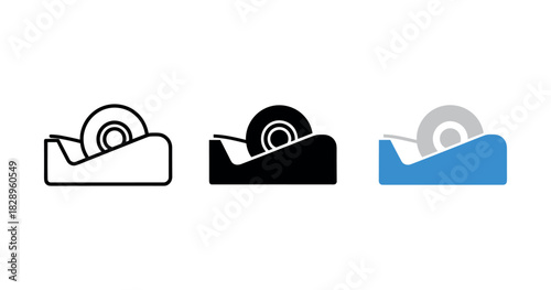 Set of three tape dispenser icons in black, white, and blue on white background