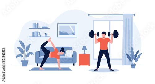 A fit couple is exercising at home with the woman doing yoga and the man lifting heavy weights for their training.