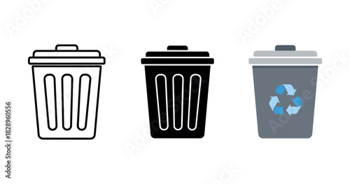 Trash and recycling bins: line art, solid icon, colorful recycling symbol
