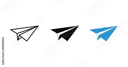 Minimalist paper plane icons in black, white, and blue on white background