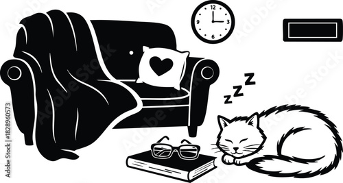 Cozy black and white vector art of sleeping cat near book and glasses beside armchair with blanket heart cushion and wall clock in peaceful living room