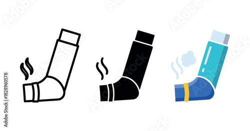 Inhaler icons set: outline, silhouette, and colored designs with steam