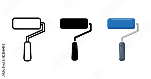 Set of paint rollers: outline, solid, and colored variations on white background