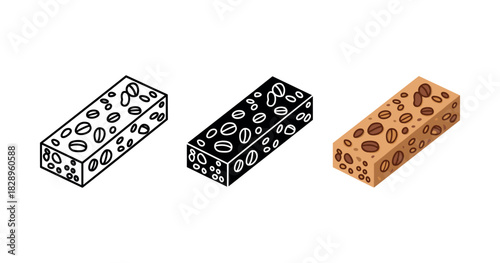 Coffee bean bar icons: outline, silhouette, and colored variations