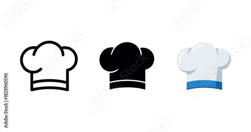 Set of three chef hats icons in black, white, and gray with blue trim