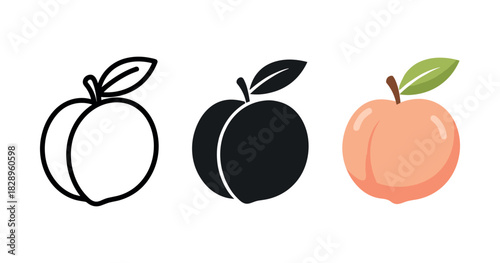 Three peaches: outline, silhouette, and colorful illustrated design