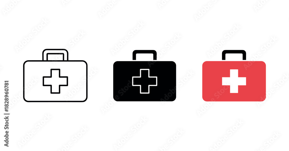 Obraz premium Minimalist first aid kits in black, white, and red with cross symbols