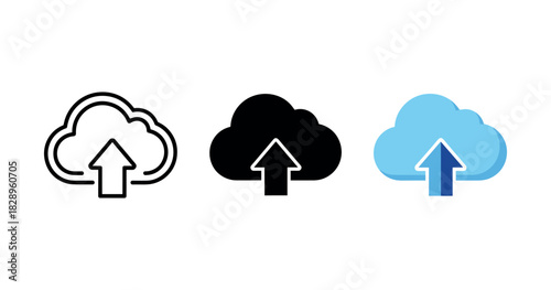 Cloud upload icons in outline, solid, and color variations on white background