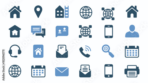 Various contact and communication icons in blue and light blue colors, neatly arranged, perfect for digital interfaces, business communication elements, mobile app layouts, corporate design, and techn