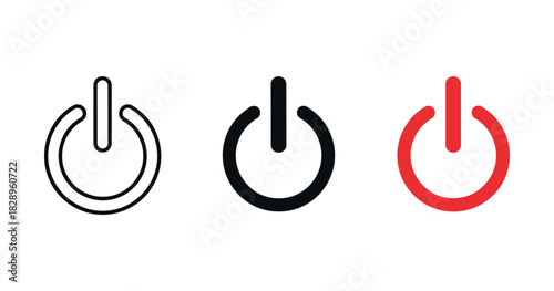 Three power on/off symbols in black and red on white background