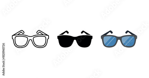 Set of three sunglasses icons: outline, silhouette, and blue lens