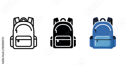 Trio of backpack icons: outline, silhouette, and colored design variations