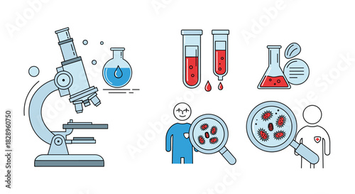 Scientific research and medical laboratory icon set featuring a microscope blood test tubes beakers and scientists examining bacteria cells.