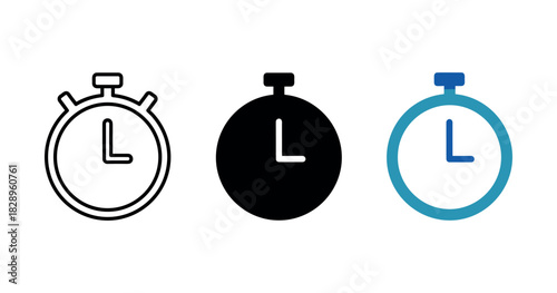 Minimalist stopwatch icons in black, white, and blue variations