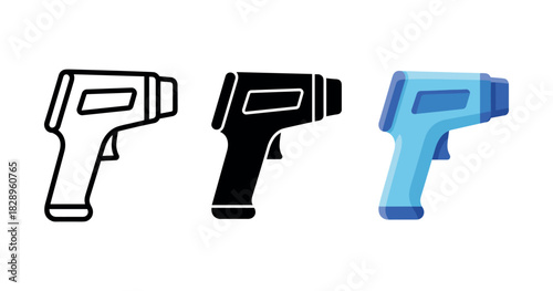 Set of three infrared thermometer icons: outline, silhouette, and blue gradient designs