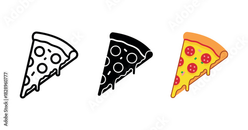 Three pizza slice styles: outline, silhouette, and colorful pepperoni