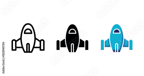 Airplane icons trio: outline, solid, colored variations on white background