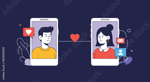 Online dating app concept with a man and a woman on separate smartphone screens connecting virtually through messages and likes.