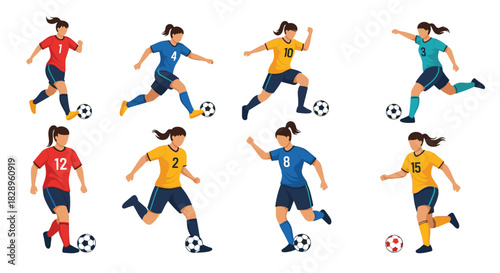 Collection of dynamic female soccer players in different team uniforms running dribbling and kicking the ball during a competitive game.