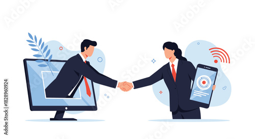 Business man and woman making a deal and shaking hands online with one person emerging from a computer screen as a business metaphor.