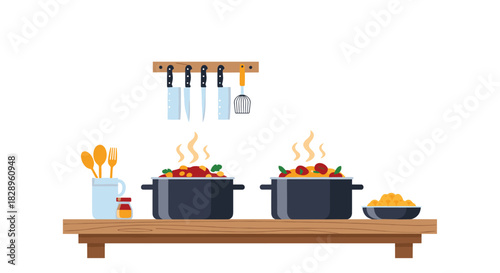 Minimalist kitchen counter scene with two steaming hot pots of freshly prepared food sitting on a wooden shelf next to cooking utensils.