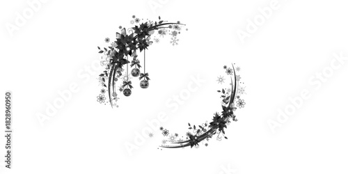 Black floral Christmas circle frame with festive hanging ornaments and delicate winter elements. Elegant monochrome holiday border for seasonal designs. Perfect for cards, invitations, and modern 