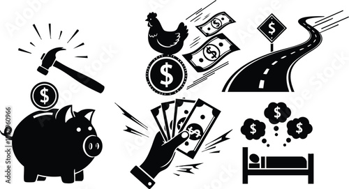 Black minimalist vector icons of piggy bank hammer cash flow chicken with dollar coin money road and person dreaming of passive income finance symbols