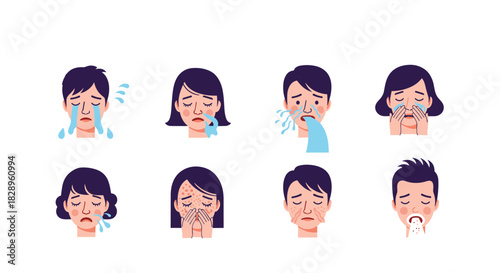 Character set of men and women showing various allergy symptoms like sneezing a runny nose watery eyes and itchy skin rashes.