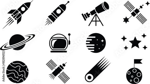 A set of twelve simple black and white icons representing various space and astronomy elements