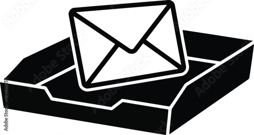 Simple black and white icon depicting an envelope placed inside an inbox tray, representing email, messages, and office communication
