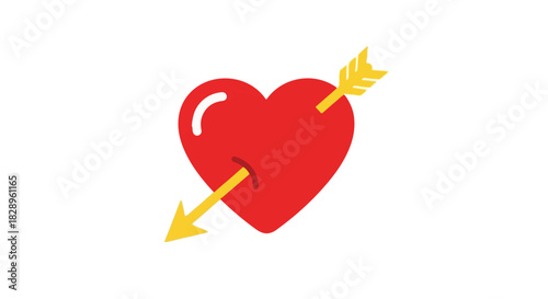 Red Heart Pierced by a Golden Arrow, Symbolizing Love and Affection in a Simple Flat Design