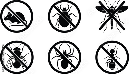 Flat design pest control icons with black mouse insect and termite symbols inside prohibition signs arranged in two rows on white background