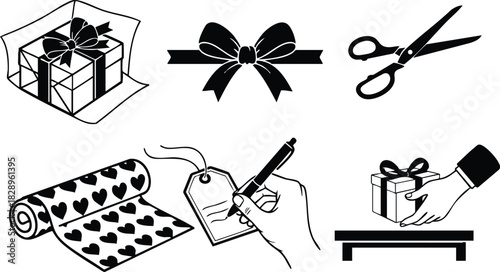 Monochrome vector art set of gift wrapping steps with ribbon bow scissors heart paper hand writing tag and delivering box on table