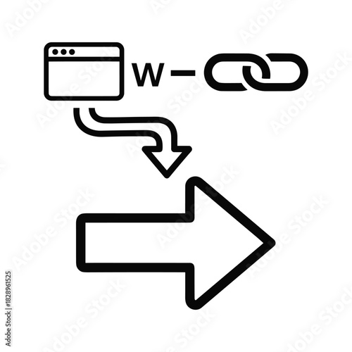 Web link redirection or navigation process icon with browser window, chain, and large arrow pointing right