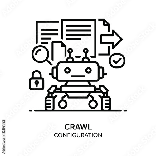 Robot performing data crawl configuration with documents, search, and security settings icon