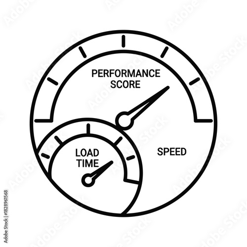 Illustration of a performance score gauge with speed and load time indicators isolated on