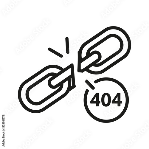 Broken chain link icon with 404 error, symbolizing a broken link or page not found, isolated on