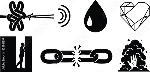 Minimalist black vector icons of rope knot sound wave raindrop geometric heart hidden person broken chain and drowning hand in cloud of smoke