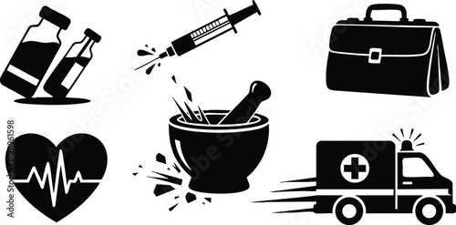 Flat medical vector art with black mortar and pestle splash syringe ampoules heartbeat icon doctors bag and speeding ambulance silhouette on white background