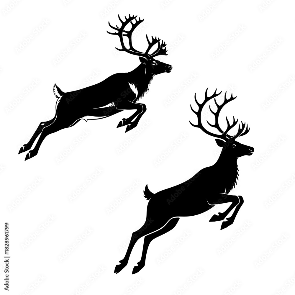 Fototapeta premium Dynamic Reindeer Silhouettes. Leaping Deer for Christmas, Winter Holidays, and Festive Design Elements.