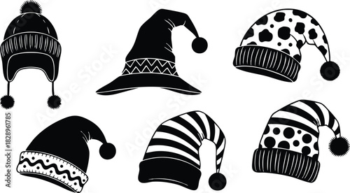 Black and white vector art of six winter hats with pom poms striped and spotted patterns arranged in two rows simple festive warm clothing silhouettes