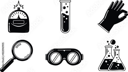 Monochrome vector art set of chemistry lab icons with beaker gloves goggles flasks magnifying glass and gauge meter arranged in two rows minimal flat style