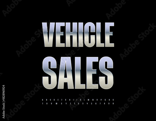 Vector Metallic icon Vehicle Sales. Elegant Silver Font. Stainless Steel Alphabet Letters and Numbers set.