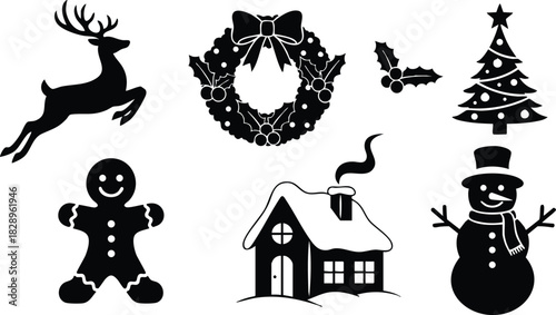 Monochrome vector art of flying reindeer wreath holly tree gingerbread cookie snowman and snowy cottage arranged as christmas holiday icons in simple silhouette style