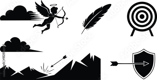 Flat black cupid silhouette with bow and arrow flying through clouds over mountains with target shield and feather icons for valentines day romantic archery theme