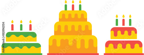 A trio of colorful birthday cakes with lit candles and different frosting designs on white