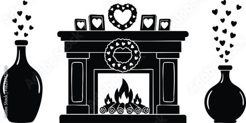 Romantic vector art of classic fireplace mantel with burning logs heart wreath garlands and vases releasing floating hearts for valentines day decoration in cozy silhouette style