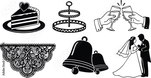 Black silhouette vector art of wedding couple cake slice champagne toast bells tiered stand and lace corner decoration for celebration layout in classic style